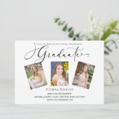 Calligrafie Drie Foto White Graduparty Kaart (Staand voorkant)