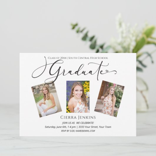 Calligrafie Drie Foto White Graduparty Kaart (Staand voorkant)