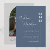 Calligrafie Dusty Blue en Gray Photo Wedding Kaart (Voorkant / Achterkant)