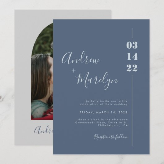 Calligrafie Dusty Blue en Gray Photo Wedding Kaart (Voorkant / Achterkant)