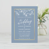Calligrafie Dusty Blue Jar Lights Gold Wedding Kaart (Staand voorkant)