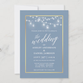 Calligrafie Dusty Blue Jar Lights Gold Wedding Kaart