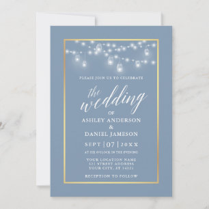Calligrafie Dusty Blue Jar Lights Gold Wedding Kaart