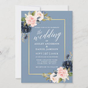 Calligrafie Dusty Blue Pink Floral Gold Lijst Kaart
