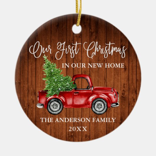 Calligrafie Eerste Kerstkerst Nieuw thuisbiljet Keramisch Ornament (Voorkant)