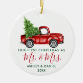 Calligrafie Eerste Kerstmis, Mrs Red Truck Keramisch Ornament (Voorkant)