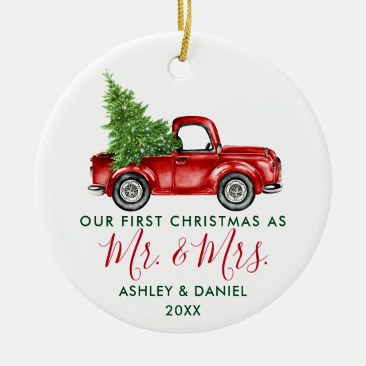 Calligrafie Eerste Kerstmis, Mrs Red Truck Keramisch Ornament (Voorkant)
