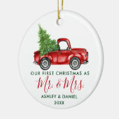 Calligrafie Eerste Kerstmis, Mrs Red Truck Keramisch Ornament (Links)