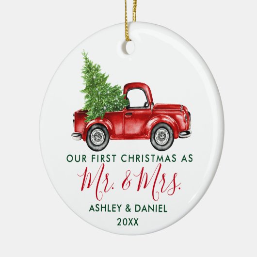 Calligrafie Eerste Kerstmis, Mrs Red Truck Keramisch Ornament (Links)