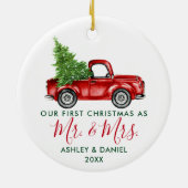 Calligrafie Eerste Kerstmis, Mrs Red Truck Keramisch Ornament (Achterkant)