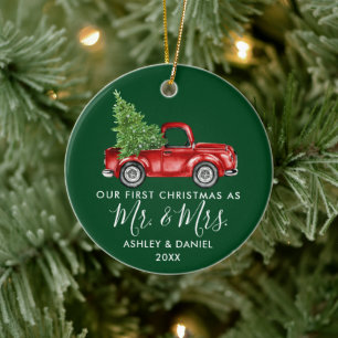 Calligrafie Eerste Kerstmis, Mrs Truck Green Keramisch Ornament