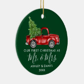 Calligrafie Eerste Kerstmis, Mrs Truck Green Keramisch Ornament (Rechts)