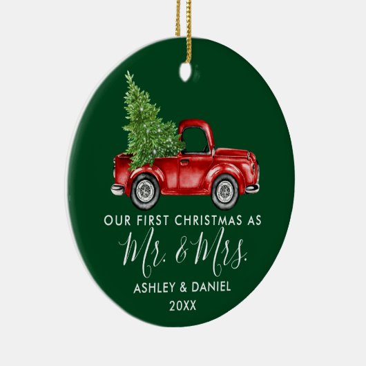 Calligrafie Eerste Kerstmis, Mrs Truck Green Keramisch Ornament (Rechts)