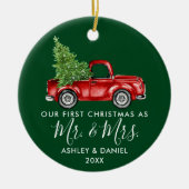 Calligrafie Eerste Kerstmis, Mrs Truck Green Keramisch Ornament (Voorkant)