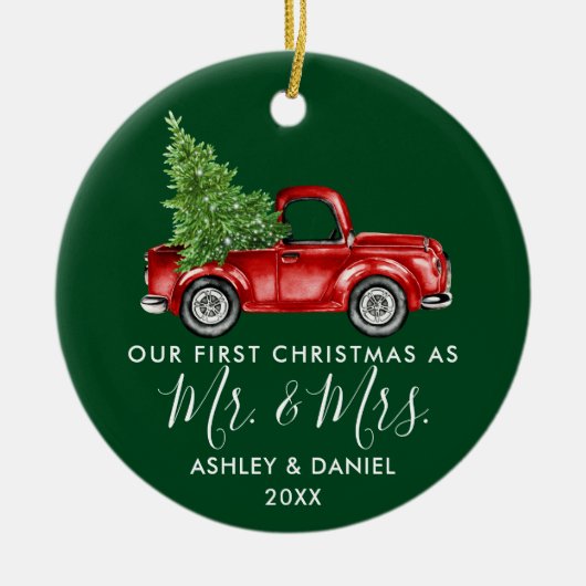 Calligrafie Eerste Kerstmis, Mrs Truck Green Keramisch Ornament (Voorkant)