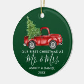Calligrafie Eerste Kerstmis, Mrs Truck Green Keramisch Ornament (Links)