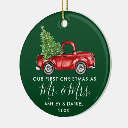 Calligrafie Eerste Kerstmis, Mrs Truck Green Keramisch Ornament (Links)