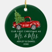 Calligrafie Eerste Kerstmis, Mrs Truck Green Keramisch Ornament (Achterkant)