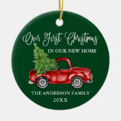 Calligrafie Eerste Kerstmis Nieuwe Thuiswagen Groe Keramisch Ornament (Voorkant)