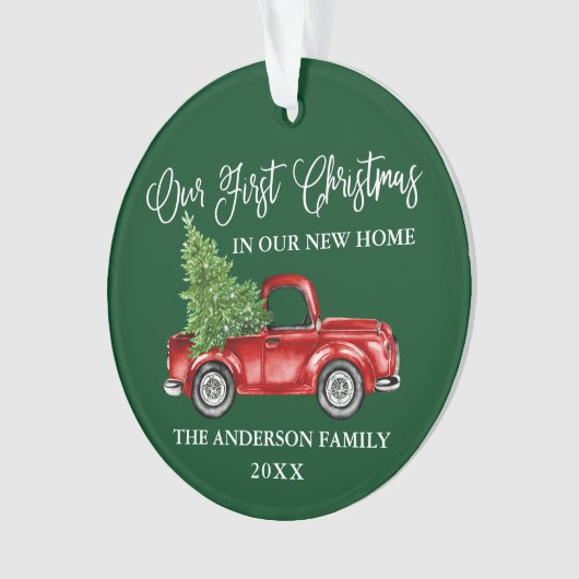 Calligrafie Eerste Kerstmis Nieuwe Thuiswagen Groe Ornament (voorkant)