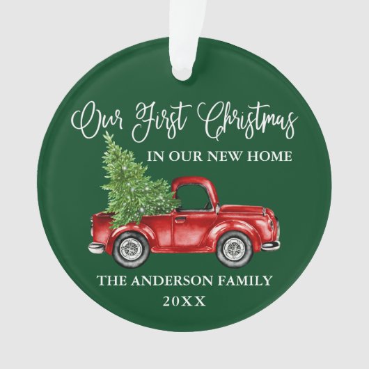 Calligrafie Eerste Kerstmis Nieuwe Thuiswagen Groe Ornament (voorkant)