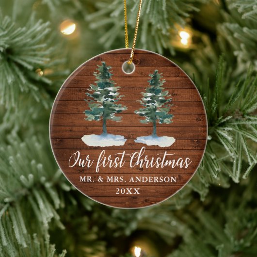 Calligrafie Eerste Kerstmis Rustisch Hout Twee Pij Keramisch Ornament (Boom)