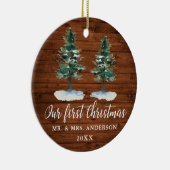 Calligrafie Eerste Kerstmis Rustisch Hout Twee Pij Keramisch Ornament (Rechts)