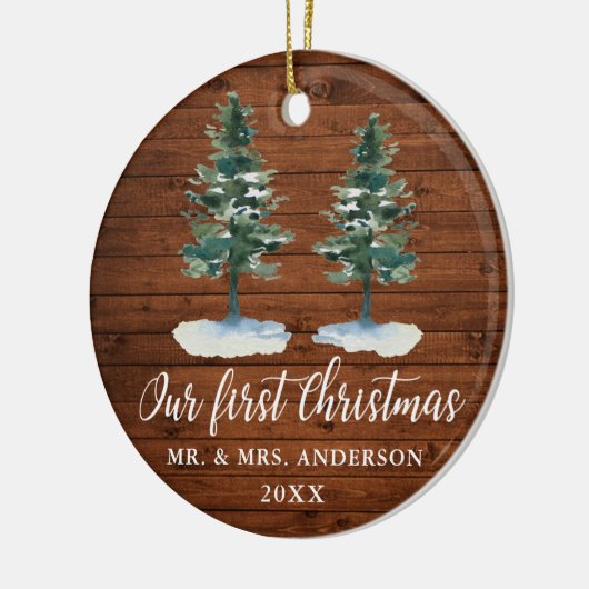 Calligrafie Eerste Kerstmis Rustisch Hout Twee Pij Keramisch Ornament (Links)