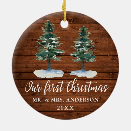 Calligrafie Eerste Kerstmis Rustisch Hout Twee Pij Keramisch Ornament (Achterkant)