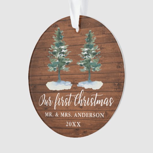 Calligrafie Eerste Kerstmis Rustisch Hout Twee Pij Ornament (voorkant)