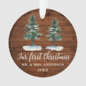 Calligrafie Eerste Kerstmis Rustisch Hout Twee Pij Ornament (voorkant)