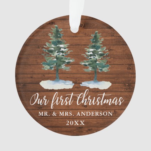 Calligrafie Eerste Kerstmis Rustisch Hout Twee Pij Ornament (voorkant)