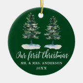 Calligrafie Eerste Kerstmis Waterverf Twee Pijnen Keramisch Ornament (Voorkant)