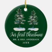 Calligrafie Eerste Kerstmis Waterverf Twee Pijnen Keramisch Ornament (Achterkant)