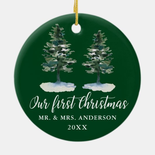 Calligrafie Eerste Kerstmis Waterverf Twee Pijnen Keramisch Ornament (Achterkant)