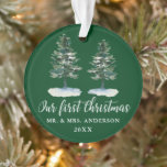 Calligrafie Eerste Kerstmis Waterverf Twee Pijnen Ornament<br><div class="desc">Modern Elegant Calligraphy Script,  Waterverf Pine Trees,  Our First Kerstman Mr en Mrs Wedding Couple Ornament</div>