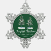 Calligrafie Eerste Kerstmis Waterverf Twee Pijnen Tin Sneeuwvlok Ornament (Voorkant)