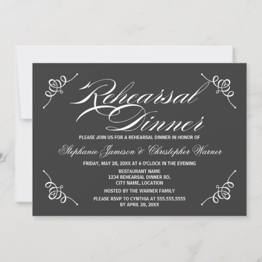Calligrafie Elegance Grey Rehearsal Dinner Kaart (Voorkant)