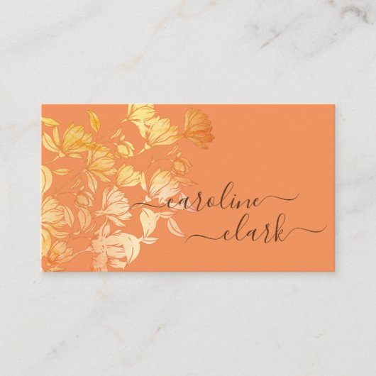 Calligrafie Elegant Peach Coral Floral Golden Gold Visitekaartje (Voorkant)