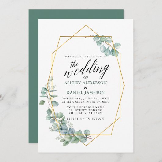 Calligrafie Eucalyptus Greenery Gold Lijst Wedding Kaart (Voorkant / Achterkant)