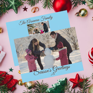 Calligrafie Familie Kerst Foto Blauw Personaliseer Feestdagenkaart