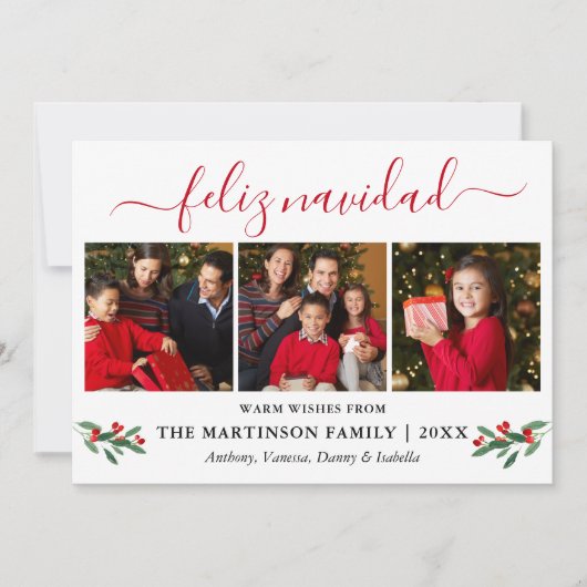 Calligrafie Feliz Navidad 3 Foto Red Holly Feestdagenkaart (Voorkant)