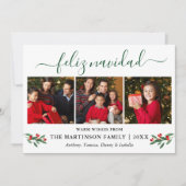 Calligrafie Feliz Navidad 3 Foto Red Holly Green Feestdagenkaart (Voorkant)