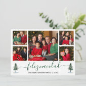 Calligrafie Feliz Navidad 5 Foto Green Pine Trees Feestdagenkaart (Staand voorkant)