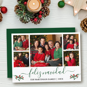Calligrafie Feliz Navidad 5 Foto Red Holly Green Feestdagenkaart