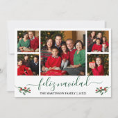 Calligrafie Feliz Navidad 5 Foto Red Holly Green Feestdagenkaart (Voorkant)