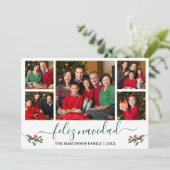 Calligrafie Feliz Navidad 5 Foto Red Holly Green Feestdagenkaart (Staand voorkant)