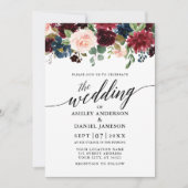 Calligrafie Floral Burgundy Blue Photo Wedding Kaart (Voorkant)