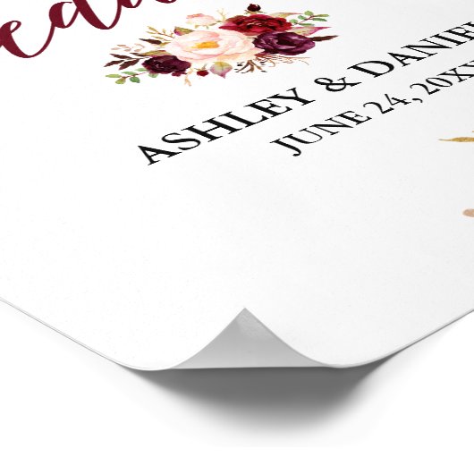Calligrafie Floral Burgundy Weddenschap Welkom Poster (Hoek)