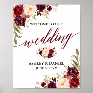 Calligrafie Floral Burgundy Weddenschap Welkom Poster